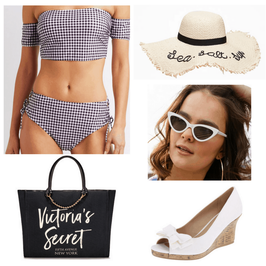 Retro plaid bikini with hat, sunglasses, bag and wedges