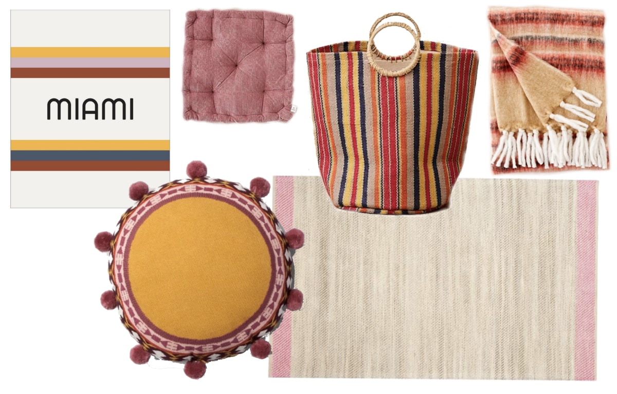 Retro yellow and pink dorm room inspiration shopping guide with pieces from Urban Outfitters, Target, and Dormify.