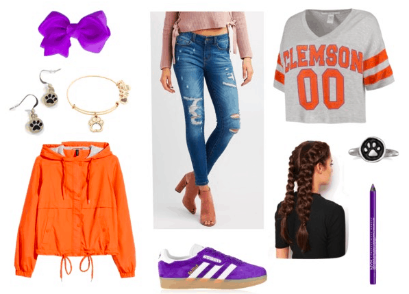 purple bow, eyeliner sneakers, paw print earrings, bracelet and ring, orange anorak, Clemson t-shirt, distressed jeans and French braids