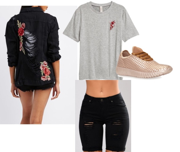 How to style an embroidered black denim jacket with ripped jeans, a gray t-shirt, and rose gold sneakers