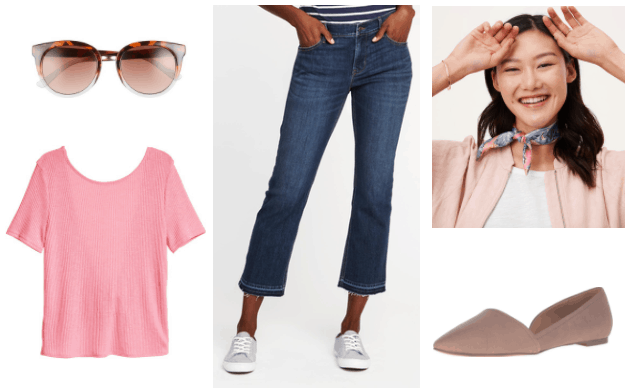 Summer outfit idea: pink round neck tee shirt, cat eye sunglasses, cropped flare jeans in dark wash, neck scarf, taupe slip on flats