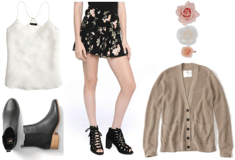 Fashion Inspired by Music Videos: "Only Girl (In The World)," by Rihanna--Outfit #1 featuring ivory silk camisole, black chelsea boots with wooden heel, black floral shorts, pink, white, and peach flower hair clips, and beige cardigan