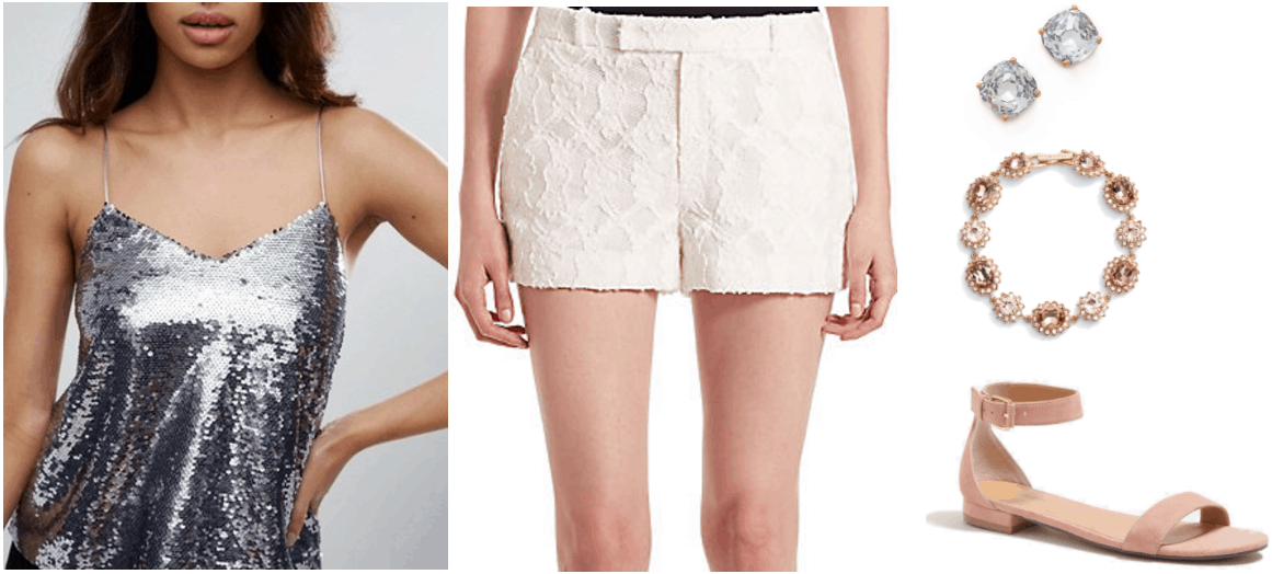 Fashion Inspired by Music Videos: "Only Girl (In The World)," by Rihanna--Outfit #2 featuring gunmetal sequined camisole, off-white lace shorts, clear square crystal stud earrings set in gold-colored metal, pink-and-clear crystal bracelet set in gold-colored metal, and beige ankle-strap sandals