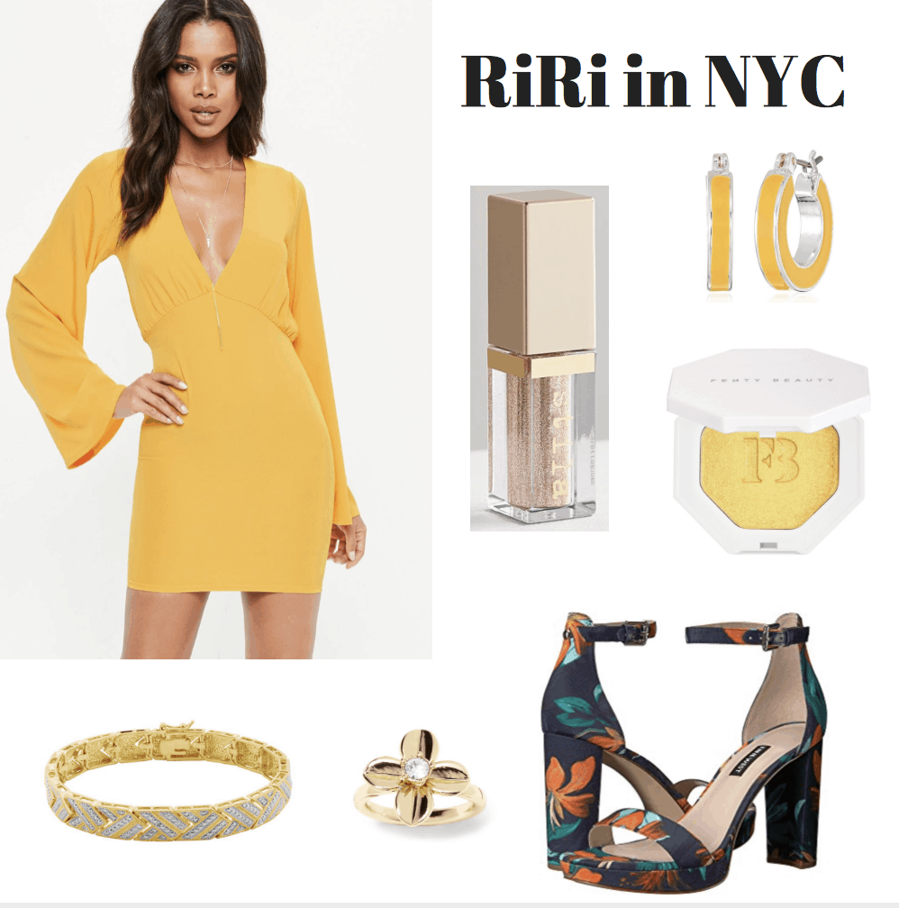 yellow dress, liquid eyeshadow, hoop earrings, highlighter, heels, ring, bangle