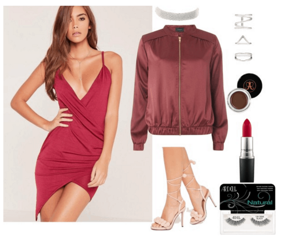 Red dress, red bomber, nude heels