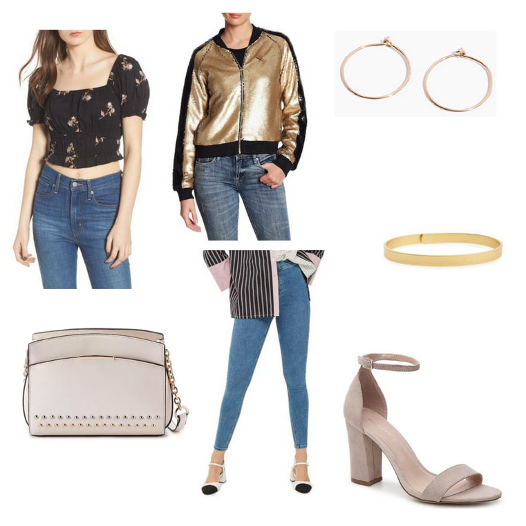 R&B-inspired look with crop top, jeans, metallic jacket, hoop earrings, gold bangle, bag, and nude heels