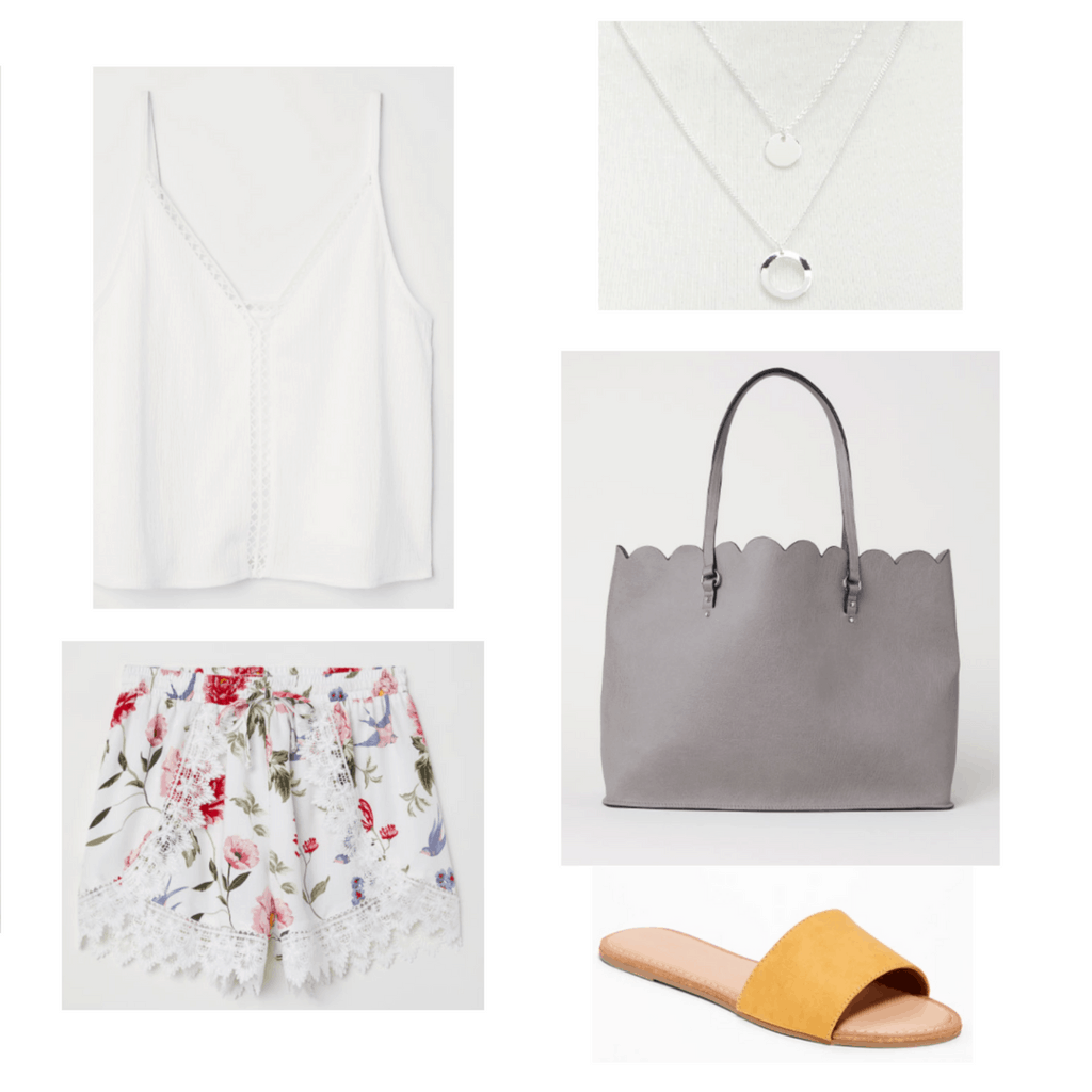 white tank, white floral shorts, silver necklace, grey tote bag, yellow shoes