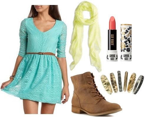 Robin egg blue dress, yellow scarf, boots