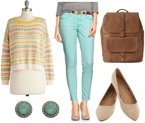 Robin egg blue pants, yellow sweater, flats