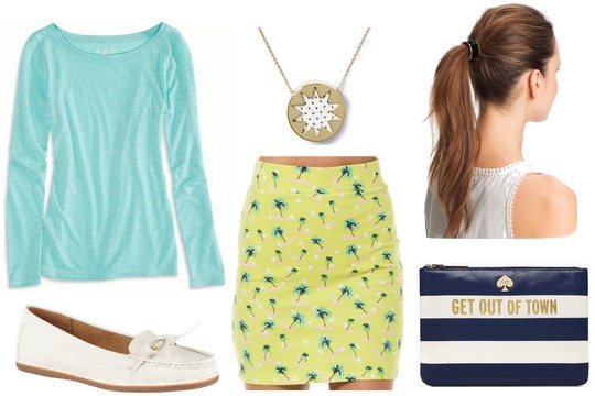 Robin egg blue top, yellow skirt, white loafers, kate spade bag