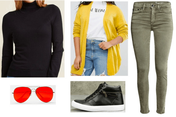 black turtleneck yellow cardigan green jeans black patent leather high top sneakers red aviators teen titans casual cosplay teen titans robin outfit