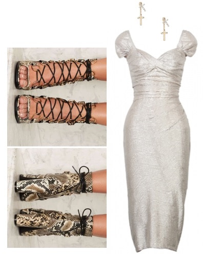 Rockabilly outfit idea: Metallic dress with cap sleeves and a sweetheart neckline, lace-up snakeskin heels, and cross earrings