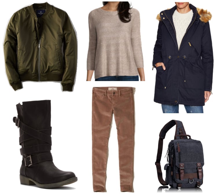 Outfit inspired by Cassian Andor from Rogue One, a Star Wars Story: Green bomber jacket, oatmeal sweater, corduroy skinnies, navy blue utility bag