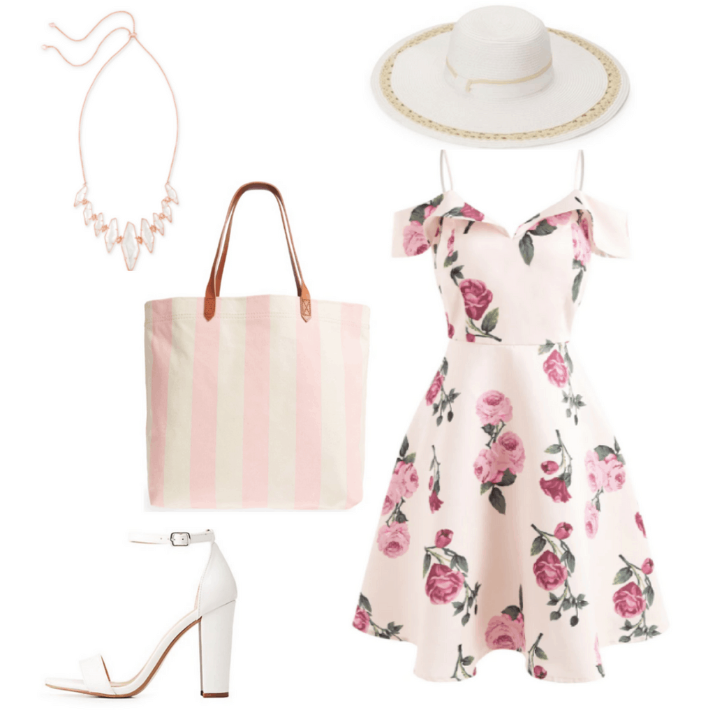 Feminine and romantic summer outfit: Floral dress, striped tote bag, statement necklace, oversized hat, high heels
