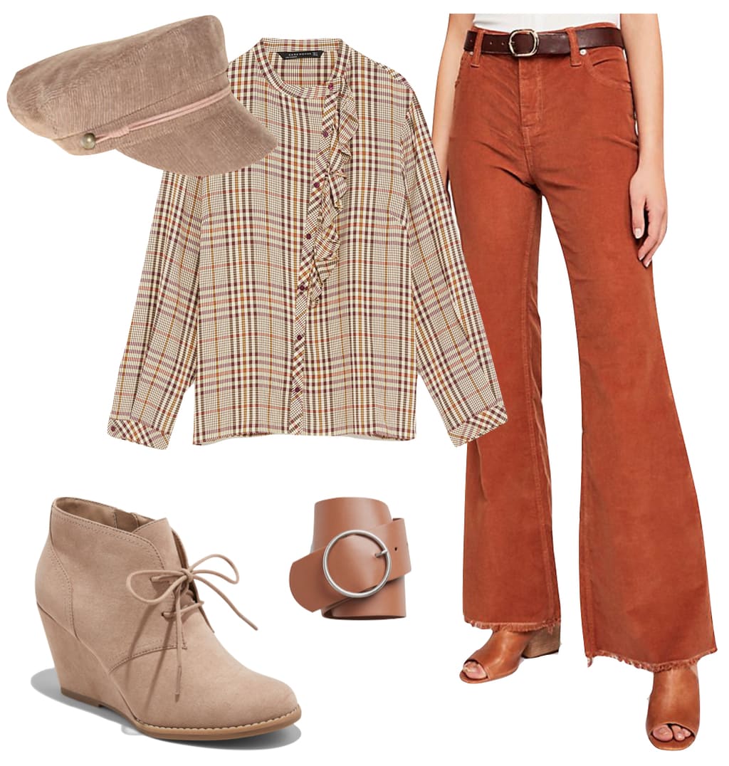 Romee Strijd Outfit: brown corduroy flare pants, beige cabby hat, wide circle belt, plaid ruffle blouse, and beige lace-up wedge ankle booties