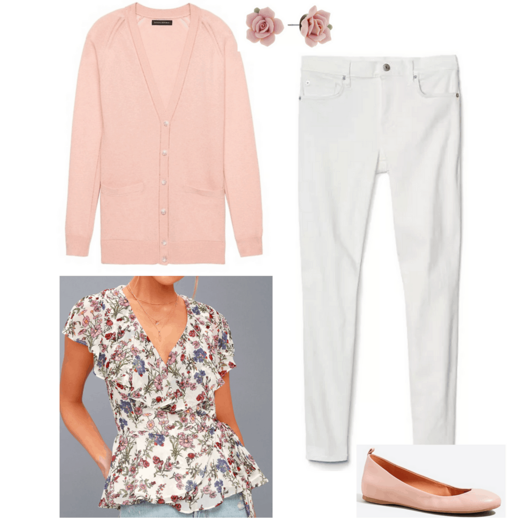 blush pink cardigan white jeans floral blouse rose earrings nude ballet flats outfit