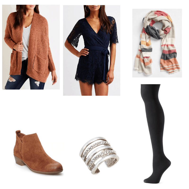 Outfit with lace romper, textured cardigan, striped scarf, black tights, ankle boots, and ring