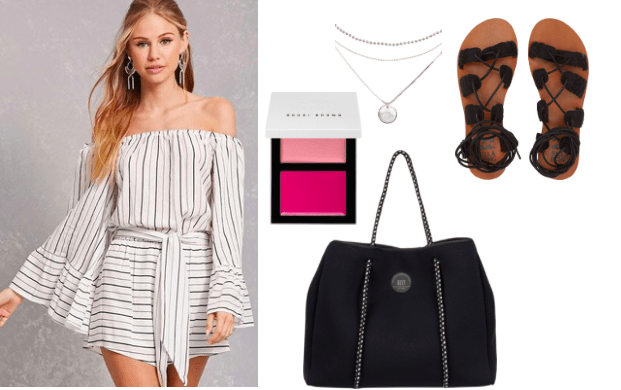 How to style an off the shoulder romper for daytime: White and black striped off the shoulder romper paired with black cloth tied sandals black tote with roped handles and a silver tiered necklace