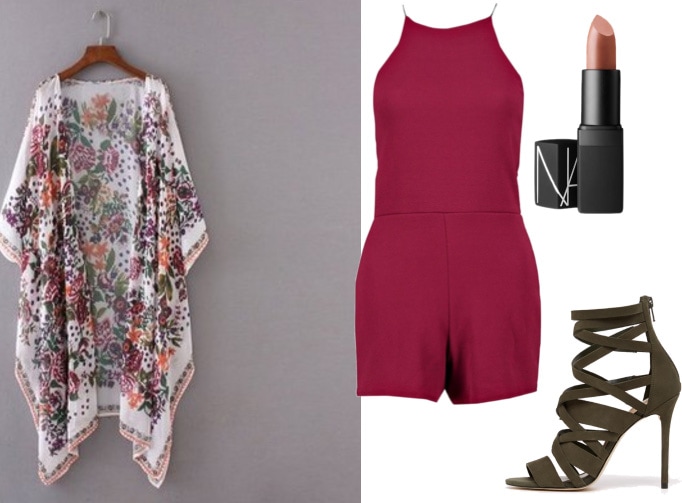 How to wear a floral kimono with a burgundy romper and olive green heels