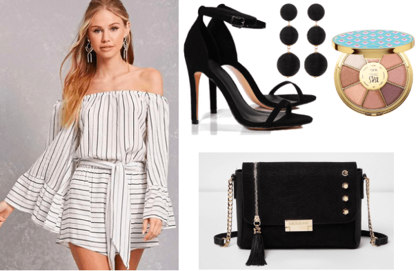 How to style an off the shoulder romper for night: White and black striped romper paired with black thin strap heels, black cross body with metallic hardware, and black earrings