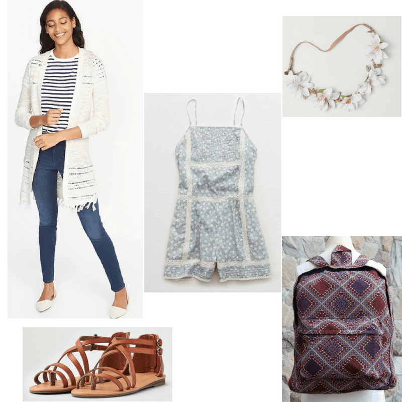 Outfit with fringe cardigan, printed romper, flower headband, sandals, and backpack