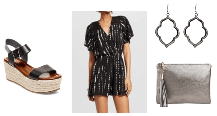 Cute and easy romper outfit: Black and white wrap romper with a simple print, metallic clutch with fringe detail, statement earrings, flatform espadrilles