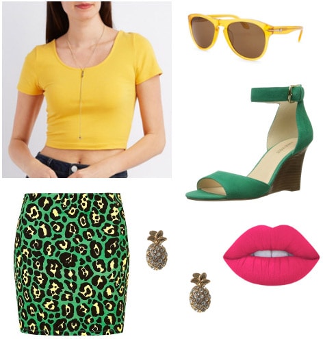 Outfit inspired by Romy and Michele's High School Reunion - leopard skirt, yellow crop top, pineapple earrings