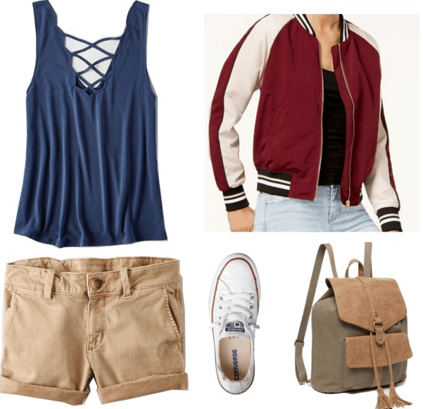 blue tank top red varsity jacket khaki shorts white converses olive backpack