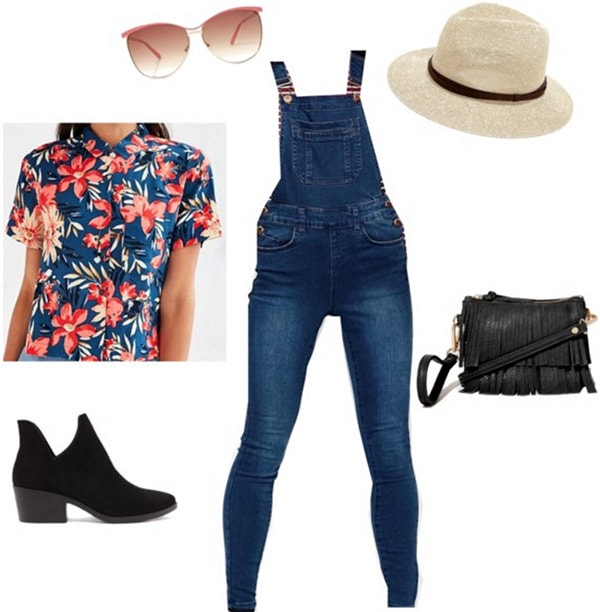 Outfit inspired by Rooney's Washed Away - overalls, floral shirt, ankle boots, hat