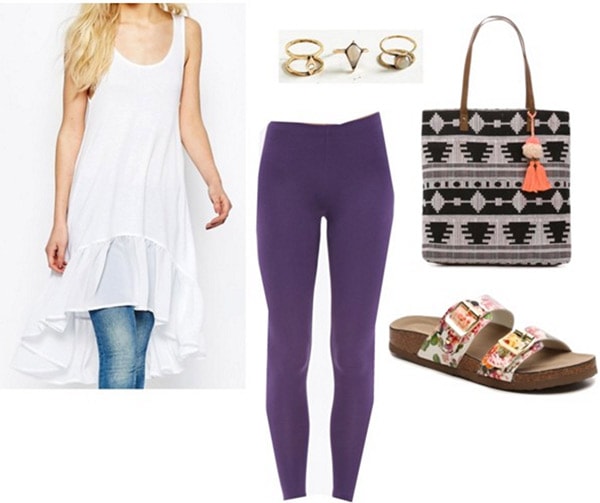 Outfit inspired by Rooney Washed Away - Purple leggings, tunic top, birkinstock sandals