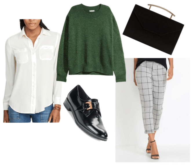 Outfit Inspired By Rosangela Blackwell from the Blackwell video game series: green crewneck knit sweater, black leather oxfords, white button-up shirt, cropped checkered pants and metallic handle clutch