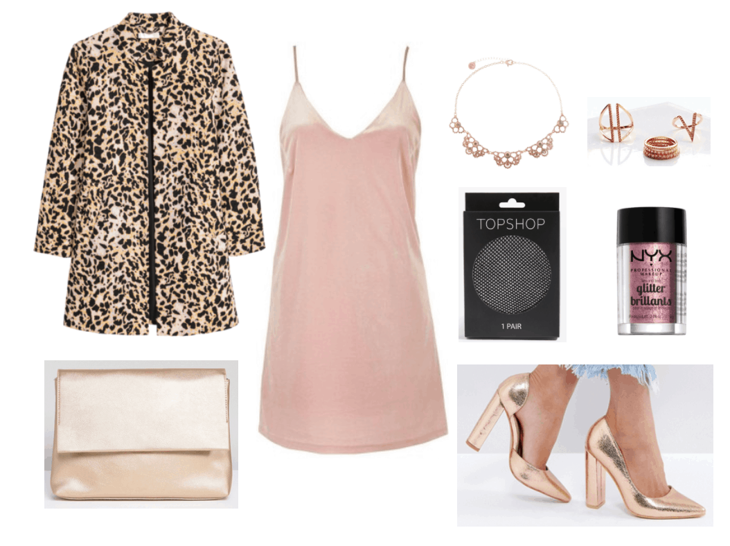 Velvet slip dress outfit for night: Pink velvet dress w/rose gold accents including leopard print coat, rose gold bag, rose gold pointy toe stacked heels, tights