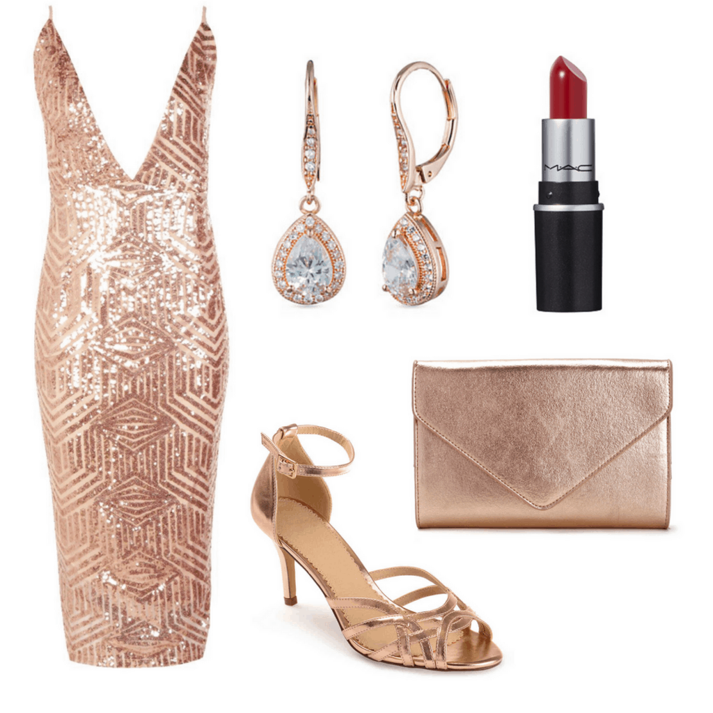 Rose gold low-cut gown with rose gold earrings, heels, bag and red lip stick