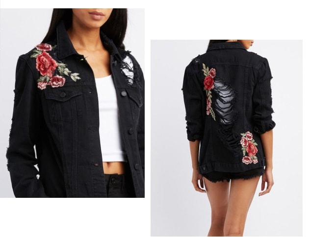 Charlotte Russe embroidered black jean jacket with rose embroidery