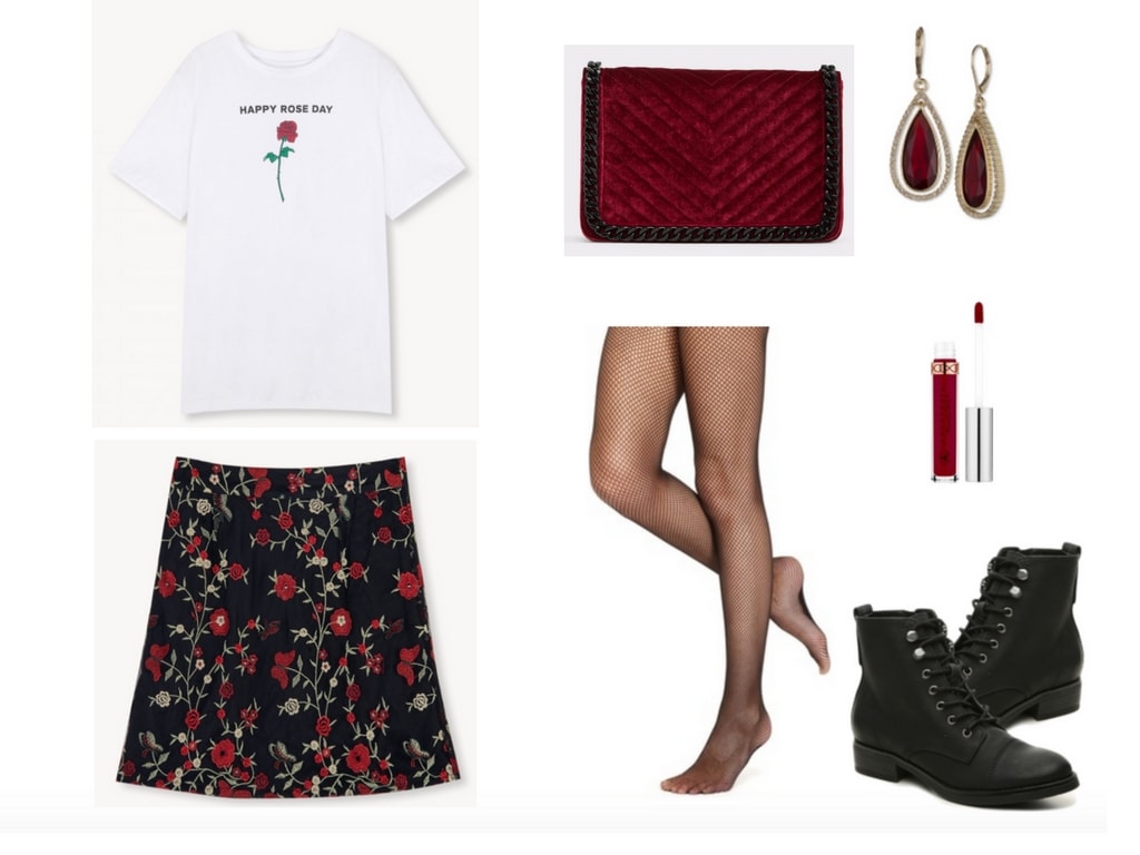 Pomelo outfit including "Happy Rose Day" top and rose skirt.