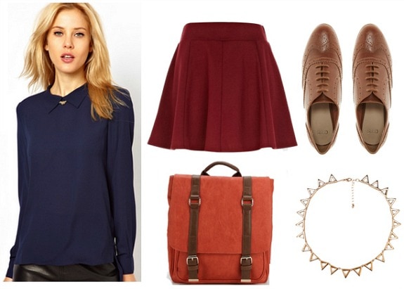 Rothko inspired outfit navy blouse burgundy skirt