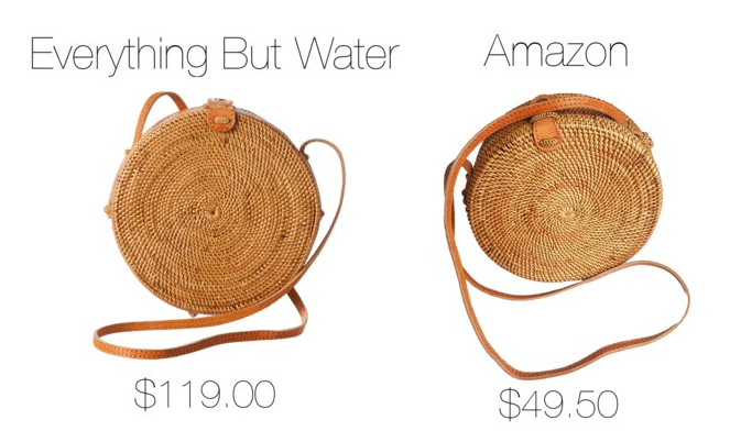 Photo including round rattan bags, one from Everything but Water and one from Amazon.