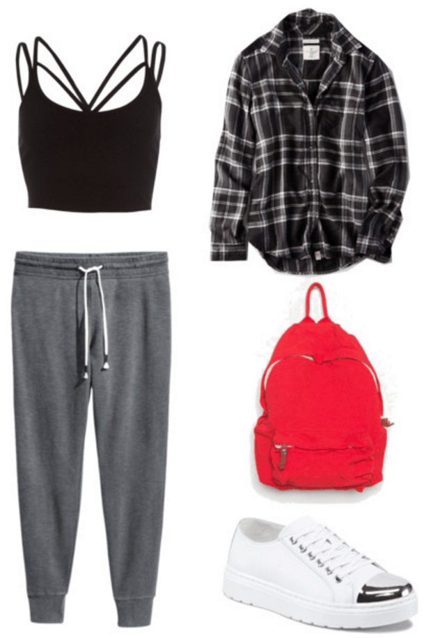 Crop top, joggers, flannel, backpack.