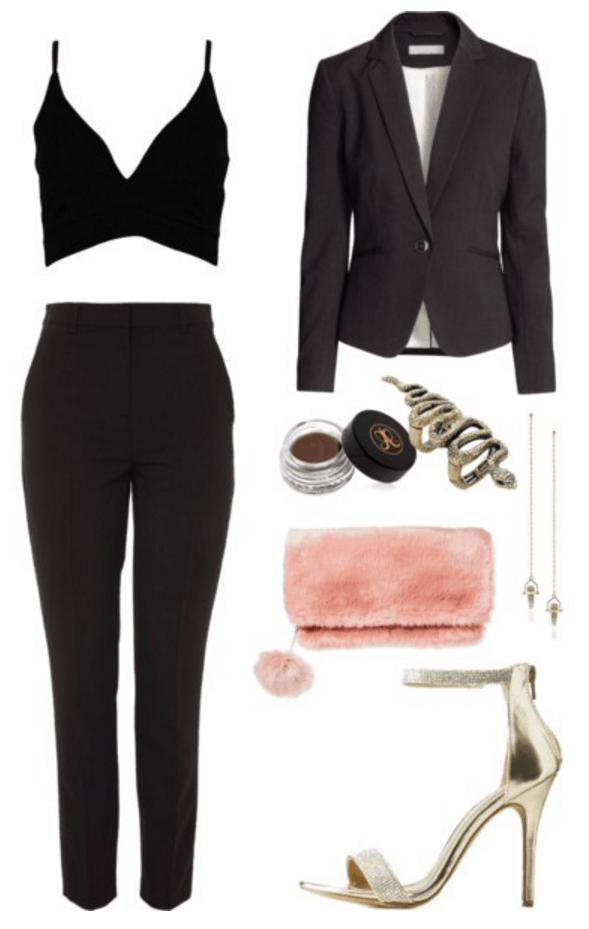 Crop top, trousers, blazer, fur bag.