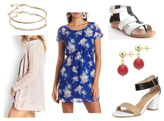 Ruche blue floral dress beige cardigan
