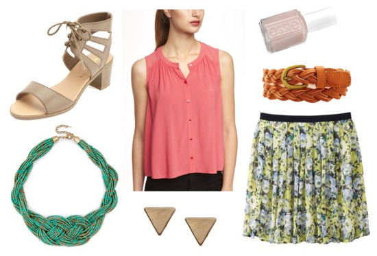 Ruche flourish coral blouse printed skirt