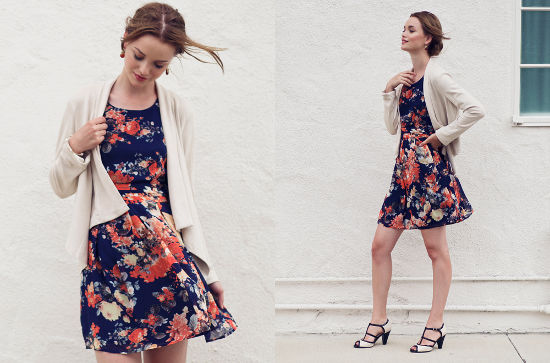 Ruche lookbook floral dress beige cardigan