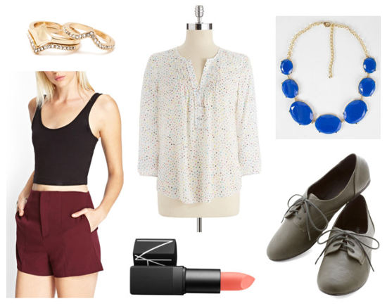 Ruche printed blouse red shorts oxfords