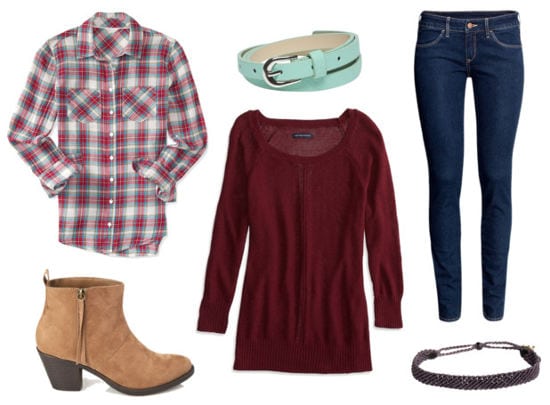 Ruche red sweater plaid shirt jeans