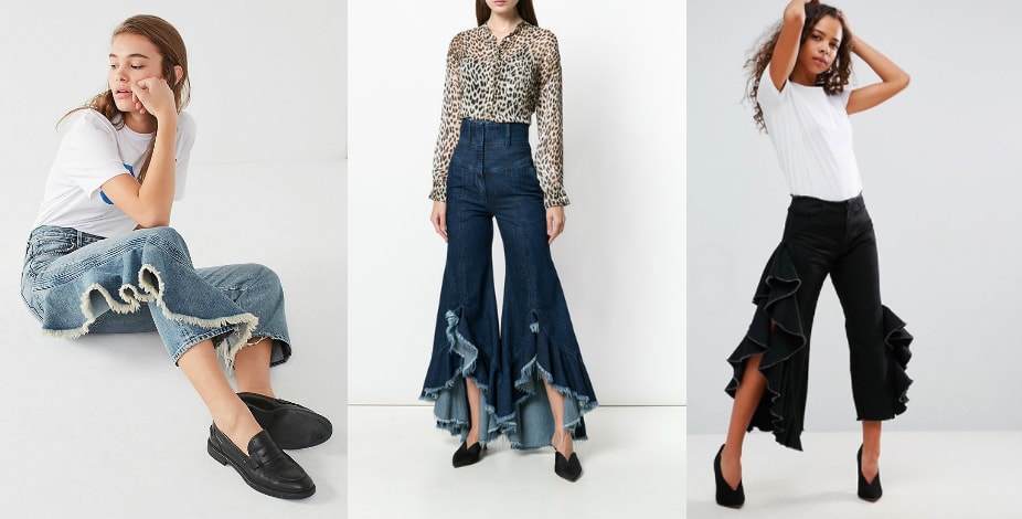 Ruffle jeans trend from left to right: Citizens of Humanity high rise side ruffle cropped jeans from Urban Outfitters, dark blue high-waisted jeans with ultra ruffled asymmetrical legs from Far Fetch, and black cropped jeans with side ruffles from ASOS.