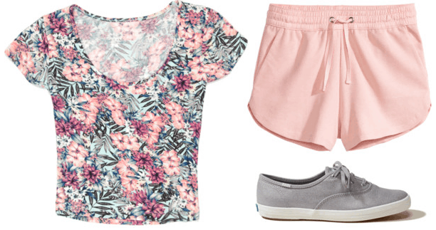 tropical print crop top pink shorts grey sneakers