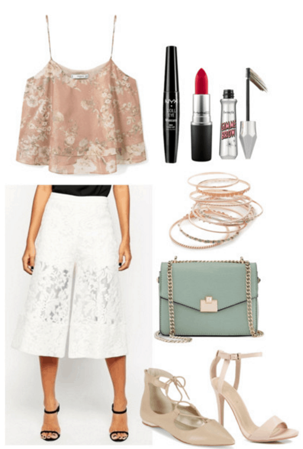 Floral tank, white culottes.