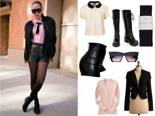 Street style look - high-waisted shorts and bowtie blouse