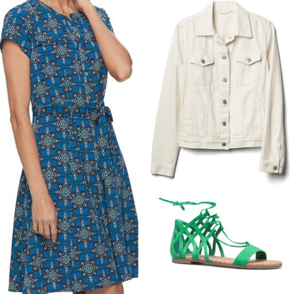 blue patterned dress white denim jacket green sandals