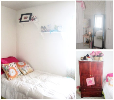 Sarah's room: Liberty of London pillows on her bed, old fashioned mirror, and gorgeous wood armoire